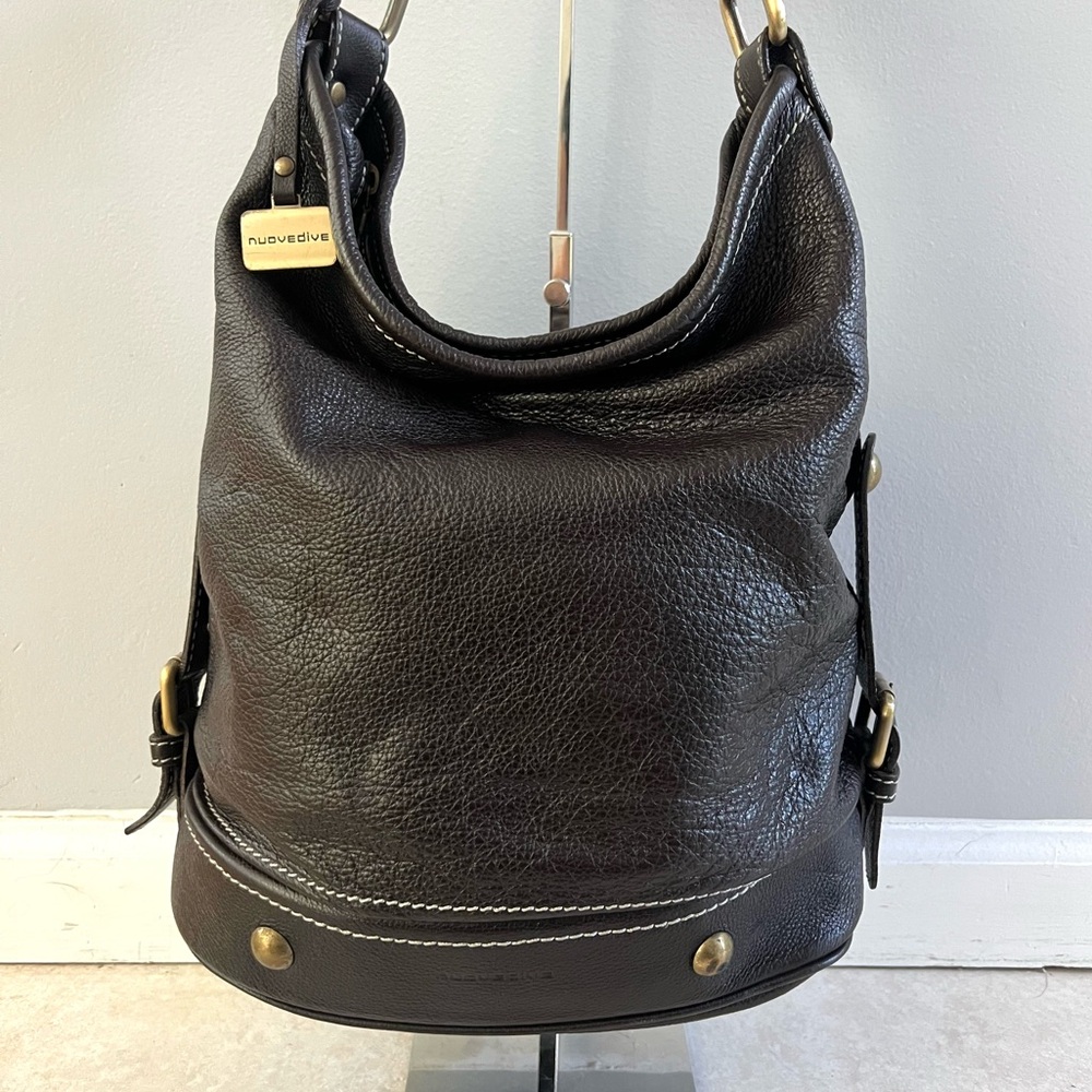Nuovedive Made in Italy Large Dark Brown Leather Shoulder Bag Bucket Hobo Bag